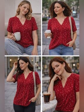 Amazon Essentials Red Blouse with White Accents